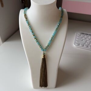 Long Beaded Tassel Necklace - Blue & Gold Beads, Gold Chain, Boho Statement
